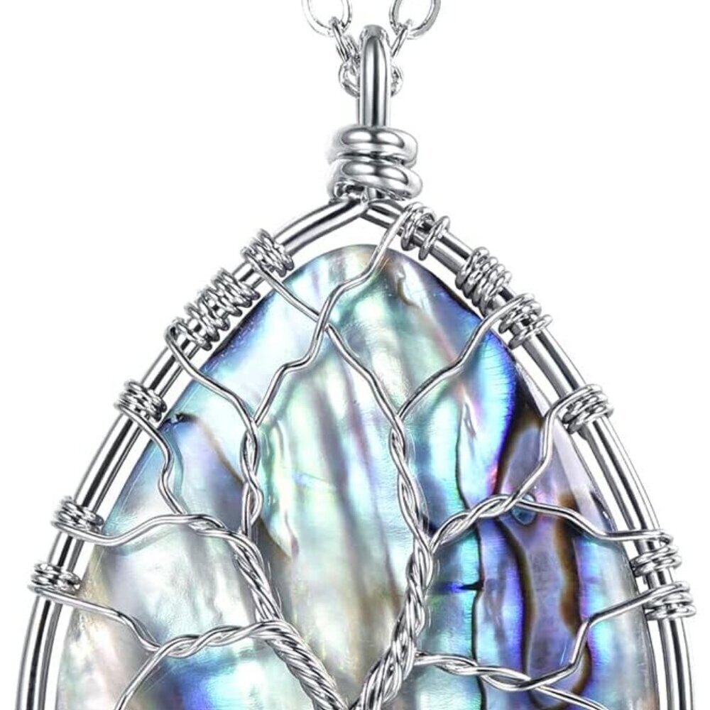 Women’s Abalone Shell Tree of Life Necklace Long Iridescent Ocean Jewelry